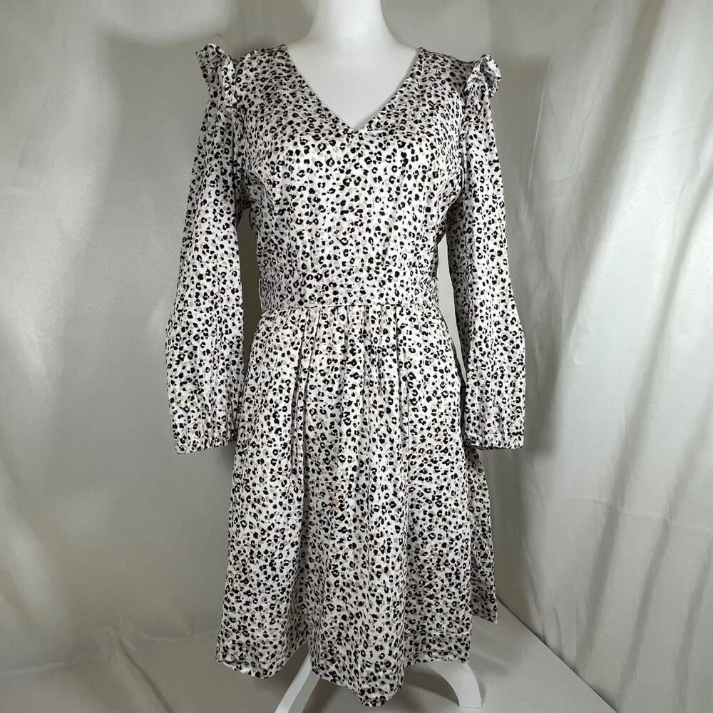 J Crew Re-Imagined Women's Long Puff Sleeve Leopard Print Patterned Dress Size M